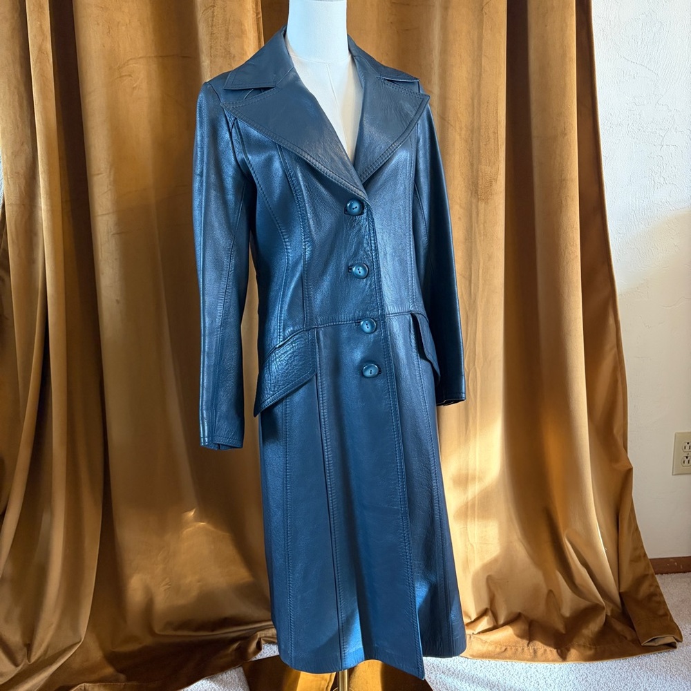Vintage 1970s Teal Leather Coat Retro Wide Lapel Statement Trench Made in Spain